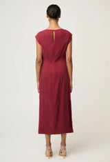Monique Draped Neck Cupro Viscose Stretch Gold Column Dress in Ruby by OnceWas