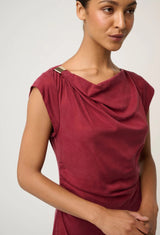 Monique Draped Neck Cupro Viscose Stretch Gold Column Dress in Ruby by OnceWas