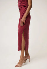 Monique Draped Neck Cupro Viscose Stretch Gold Column Dress in Ruby by OnceWas