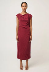 Monique Draped Neck Cupro Viscose Stretch Gold Column Dress in Ruby by OnceWas