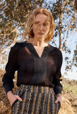 LUCENT CRINKLE COTTON SILK BLOUSE in Black from Oncewas