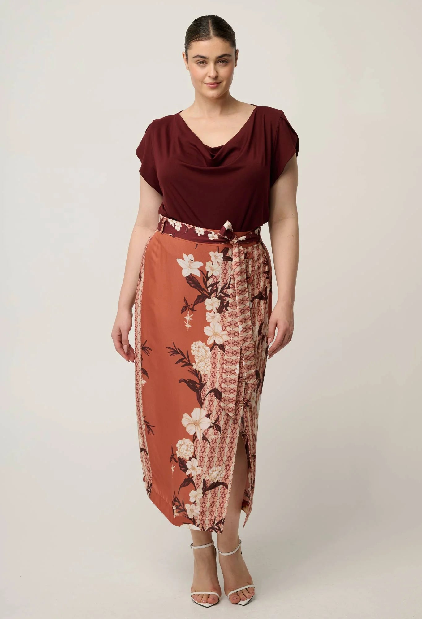 MARISOL COWL NECK CAP SLEEVE TOP in Rosewood from Oncewas