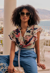 LUMA SILK COTTON FLUTTER SLEEVE TOP in Oasis Flora from Oncewas