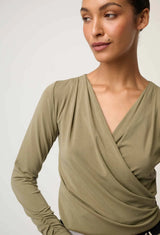 ASTER LYOCELL STRETCH WRAP TOP in Dusty Olive from Oncewas