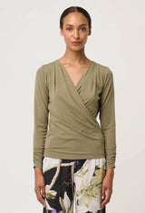 ASTER LYOCELL STRETCH WRAP TOP in Dusty Olive from Oncewas