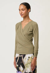 ASTER LYOCELL STRETCH WRAP TOP in Dusty Olive from Oncewas