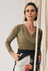 ASTER LYOCELL STRETCH WRAP TOP in Dusty Olive from Oncewas