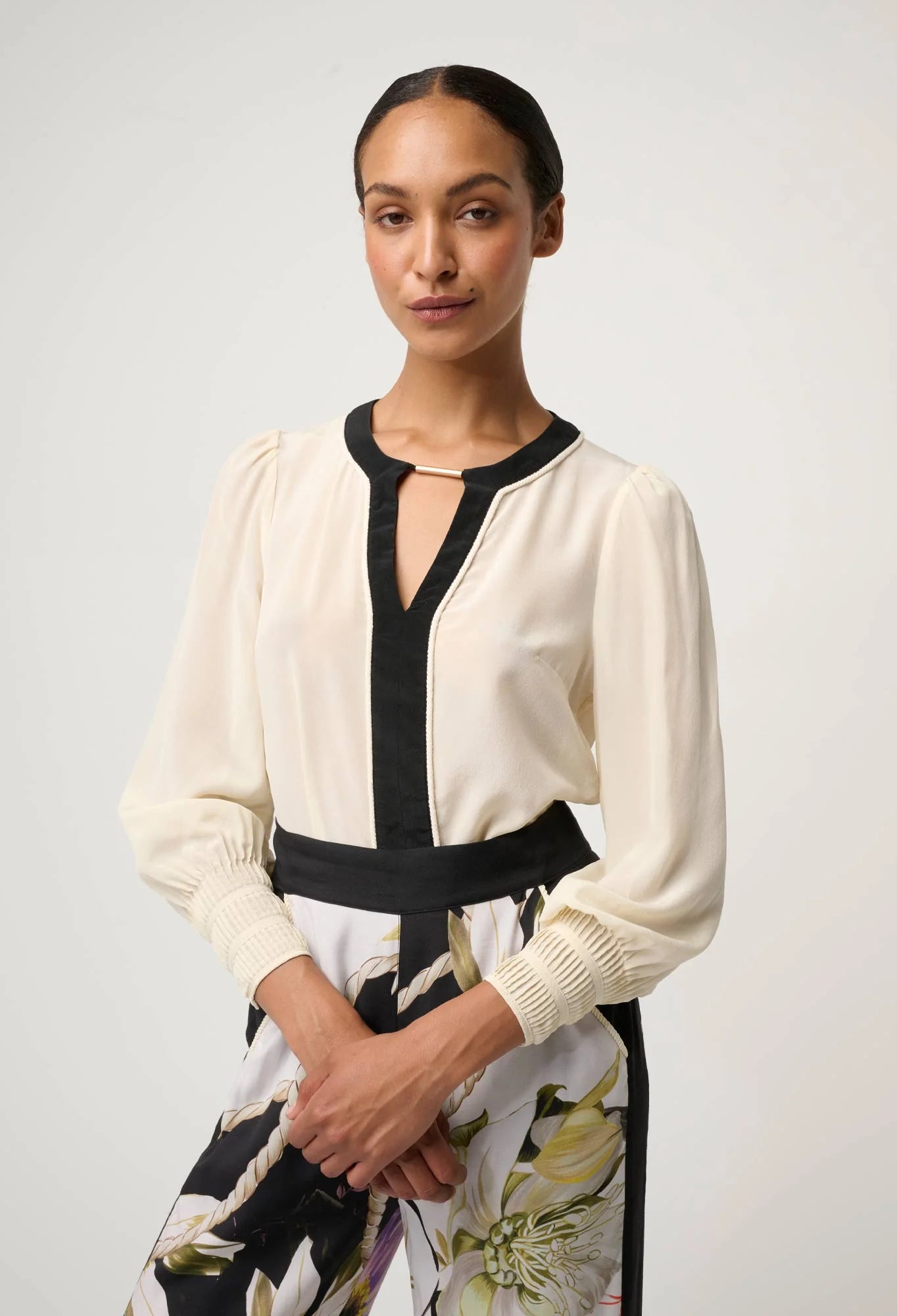 IRIS PLEATED CUFF SILK BLOUSE in Cloud from Oncewas