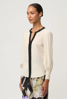 IRIS PLEATED CUFF SILK BLOUSE in Cloud from Oncewas
