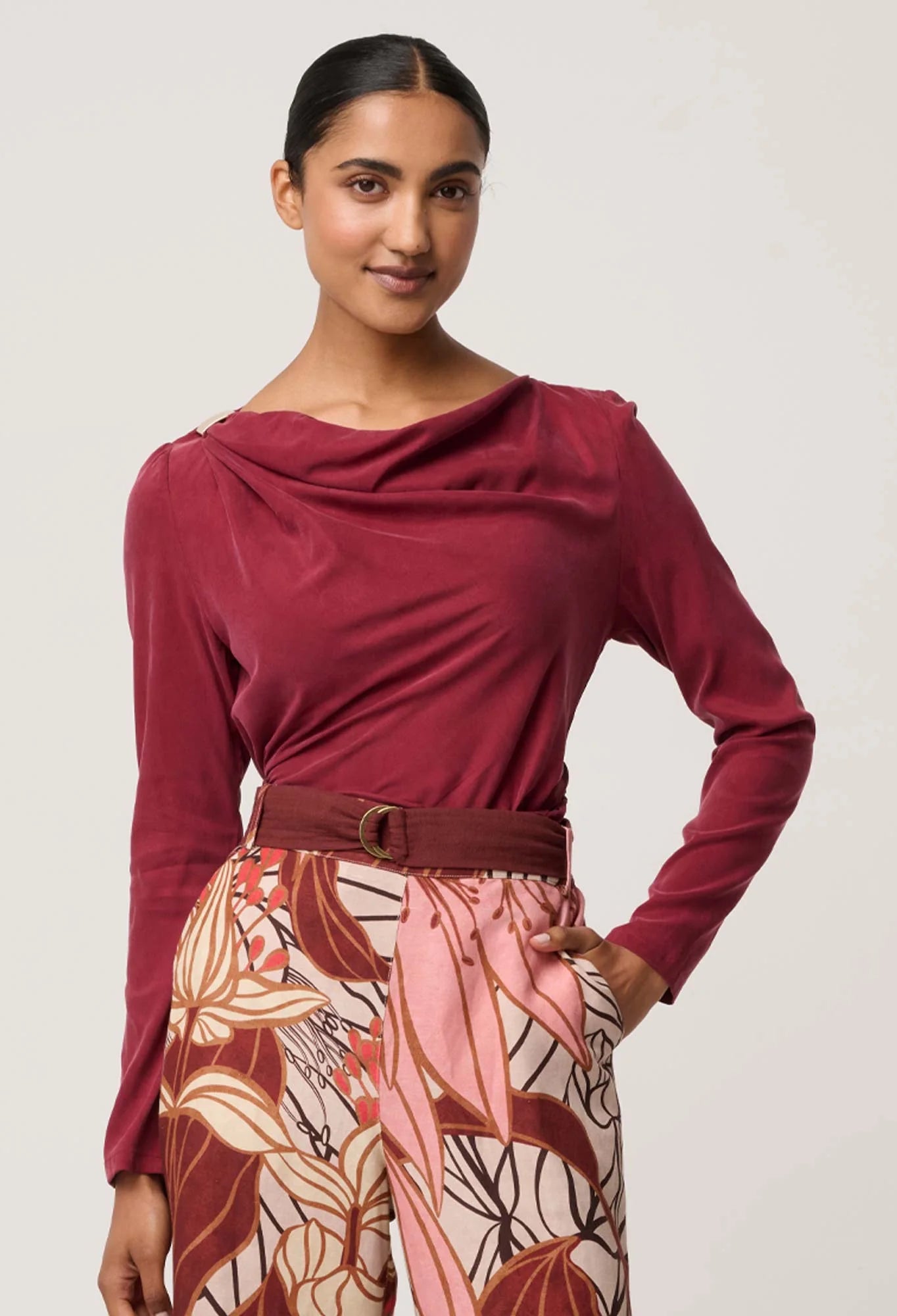 SERENE GOLD DETAIL STRETCH TOP in Ruby from OnceWas
