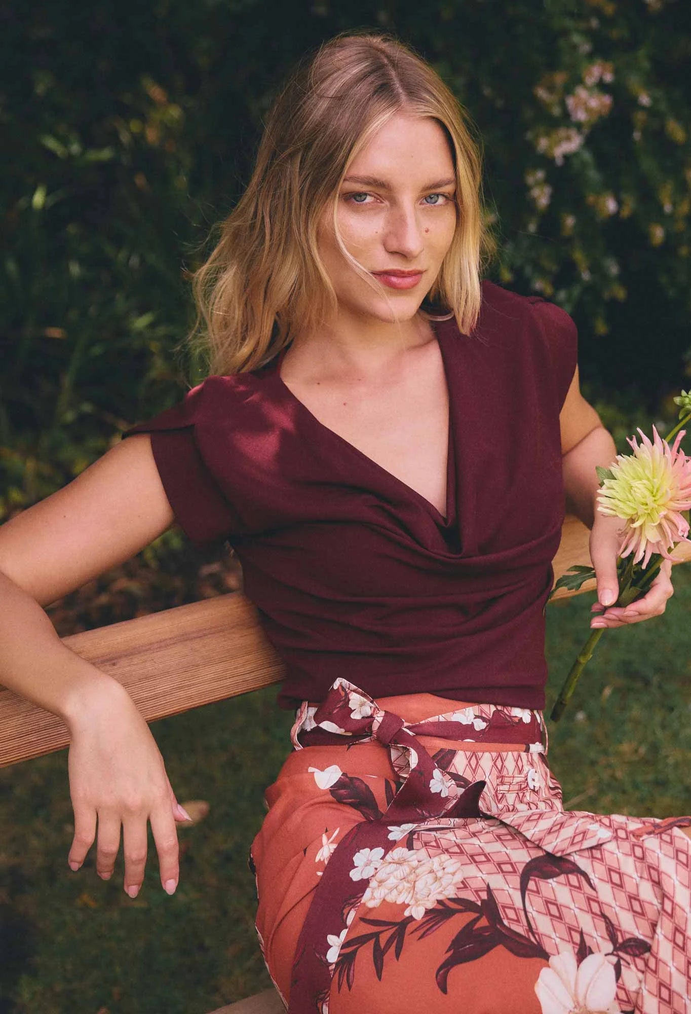 MARISOL COWL NECK CAP SLEEVE TOP in Rosewood from Oncewas