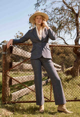 CORALINE CHEVRON STRIPE PONTE PANT in Bluestone Stripe from Oncewas
