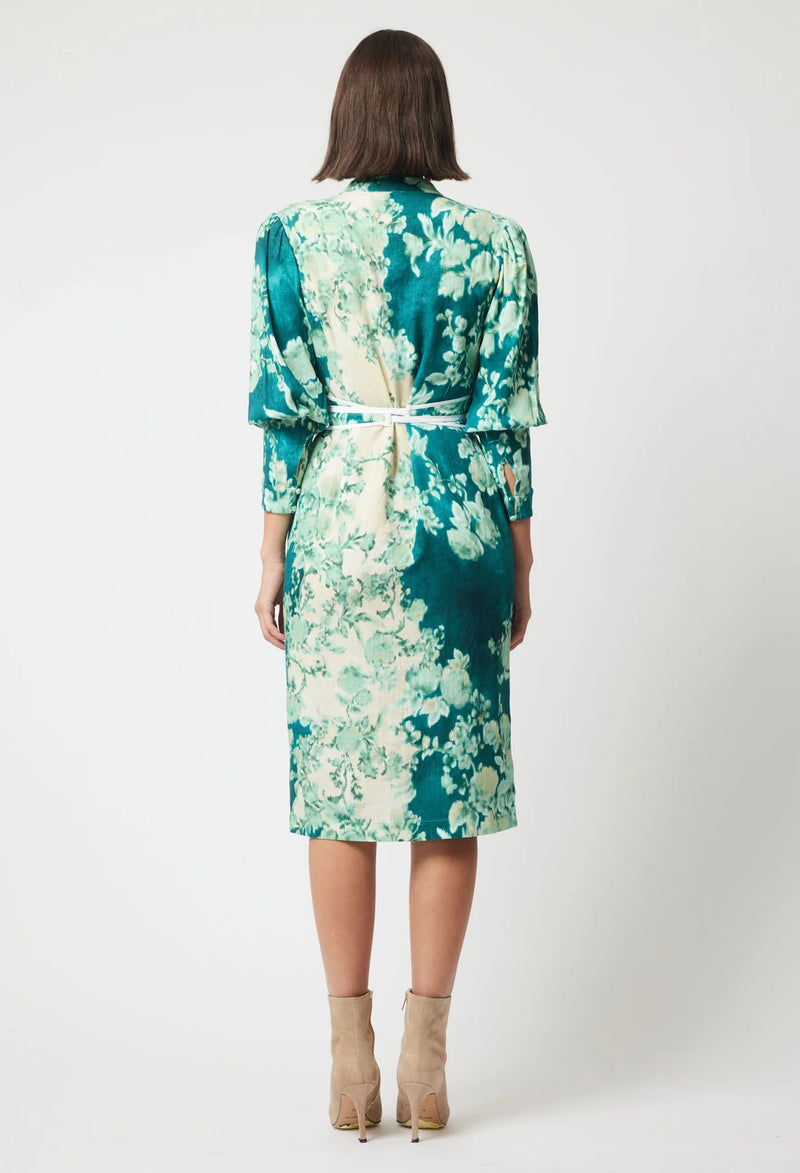 DYNASTY LINEN VISCOSE DRESS in Jade Floral from Oncewas