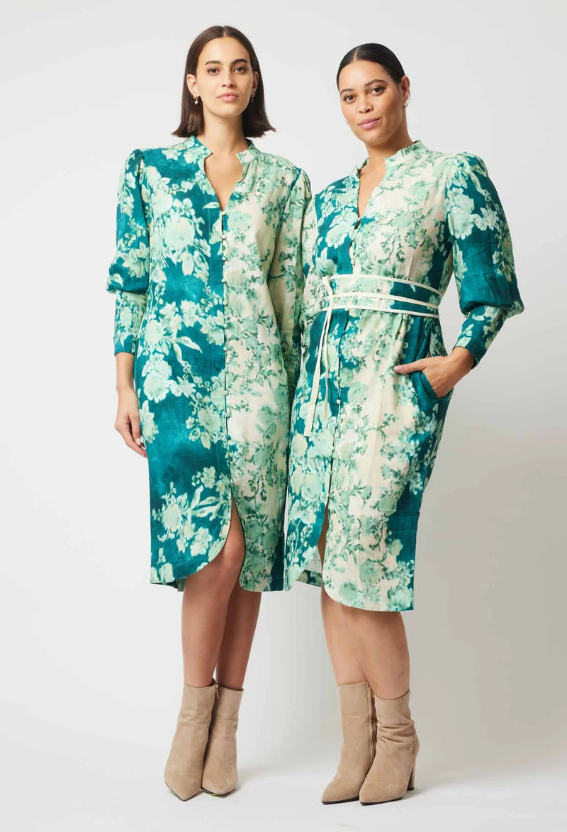 DYNASTY LINEN VISCOSE DRESS in Jade Floral from Oncewas