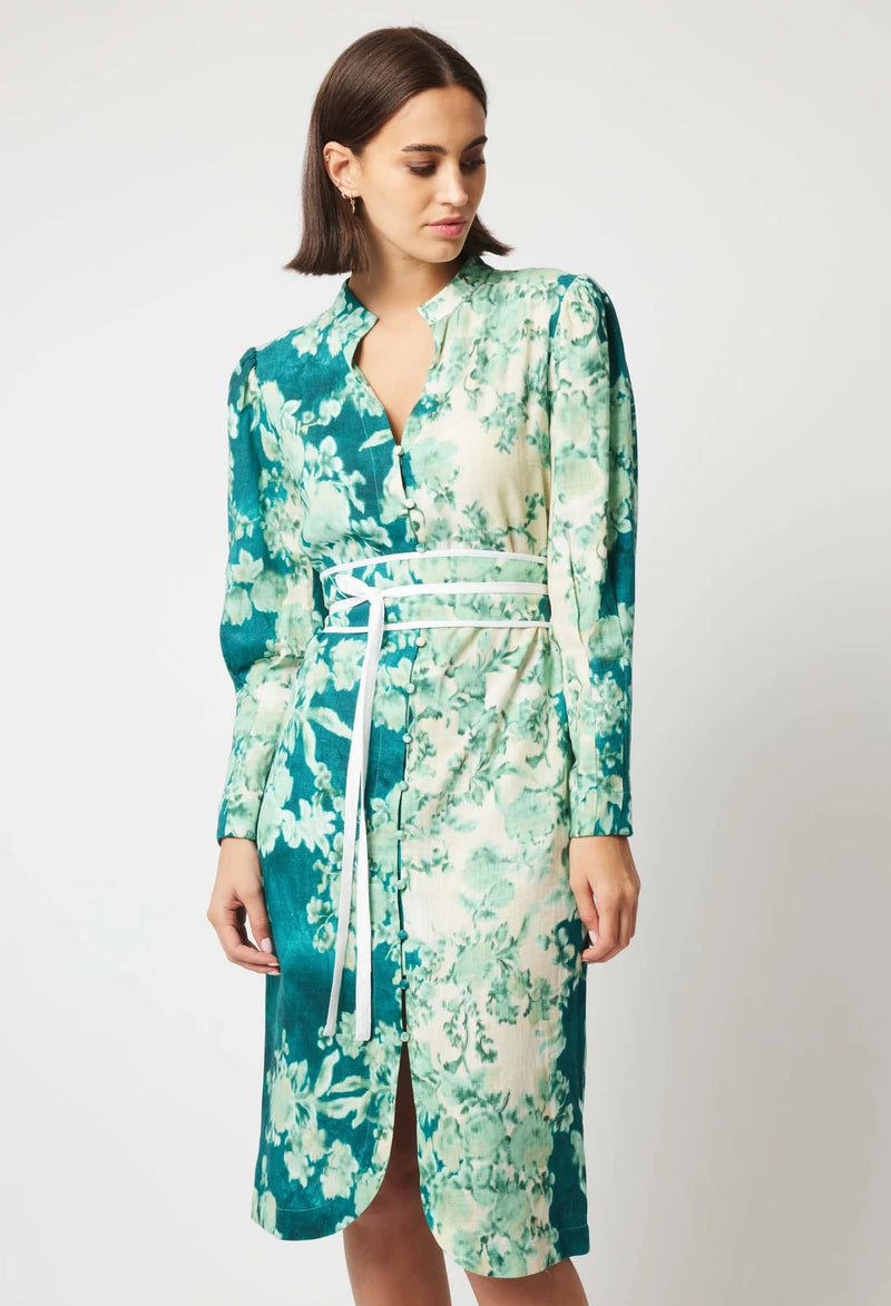 DYNASTY LINEN VISCOSE DRESS in Jade Floral from Oncewas