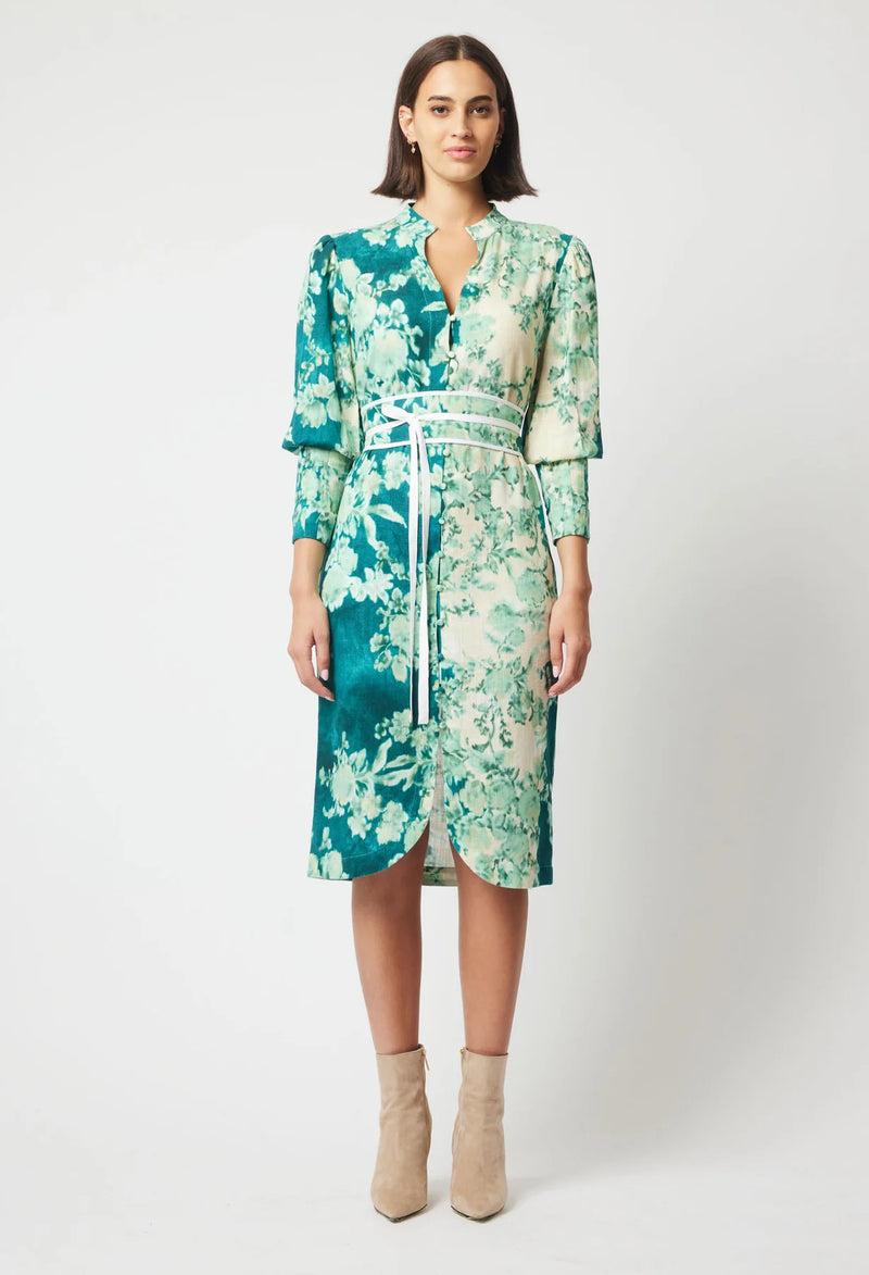 DYNASTY LINEN VISCOSE DRESS in Jade Floral from Oncewas