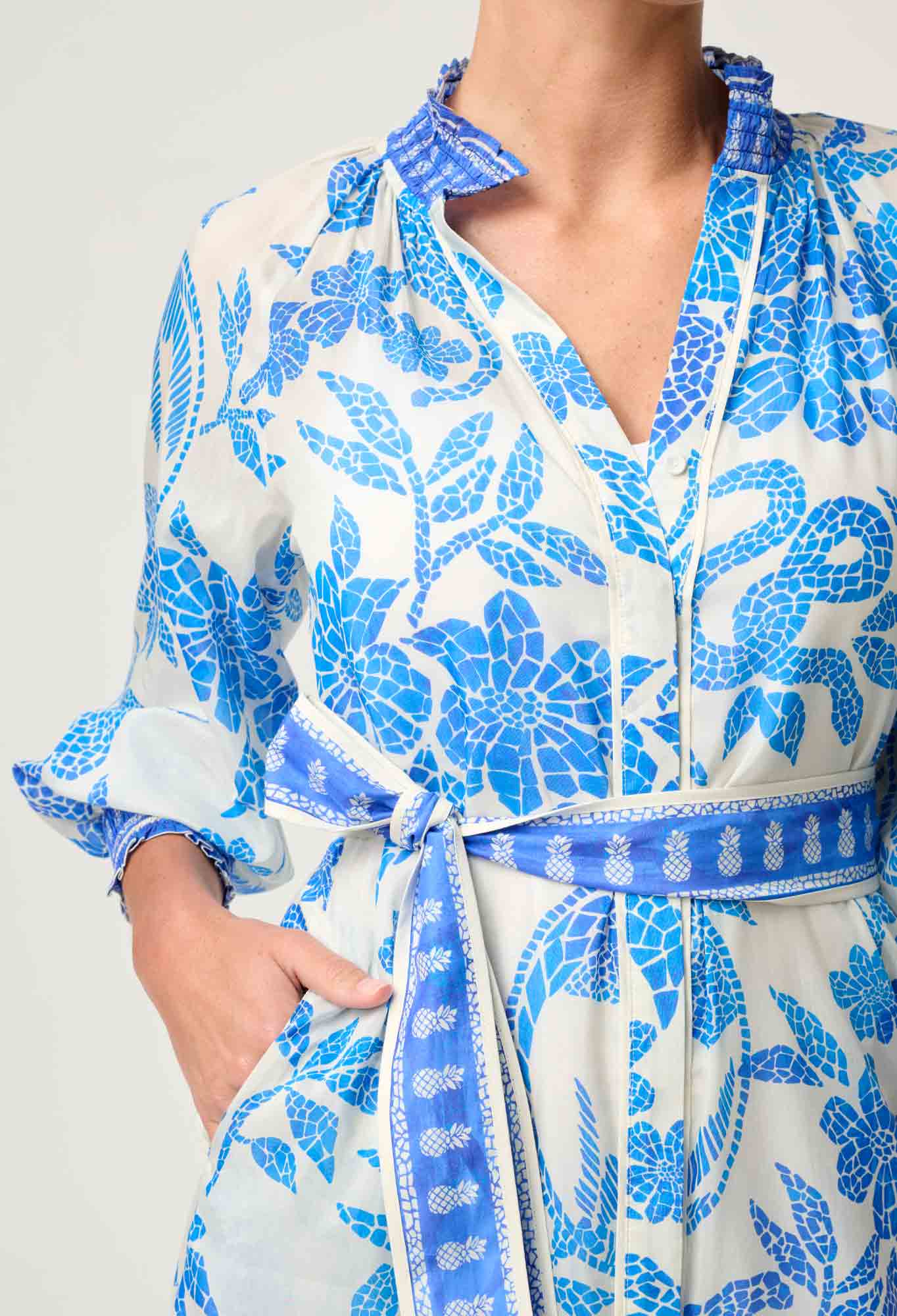 CARMEN SILK COTTON MAXI DRESS in exclusive print, Azure Mosaic from Once Was