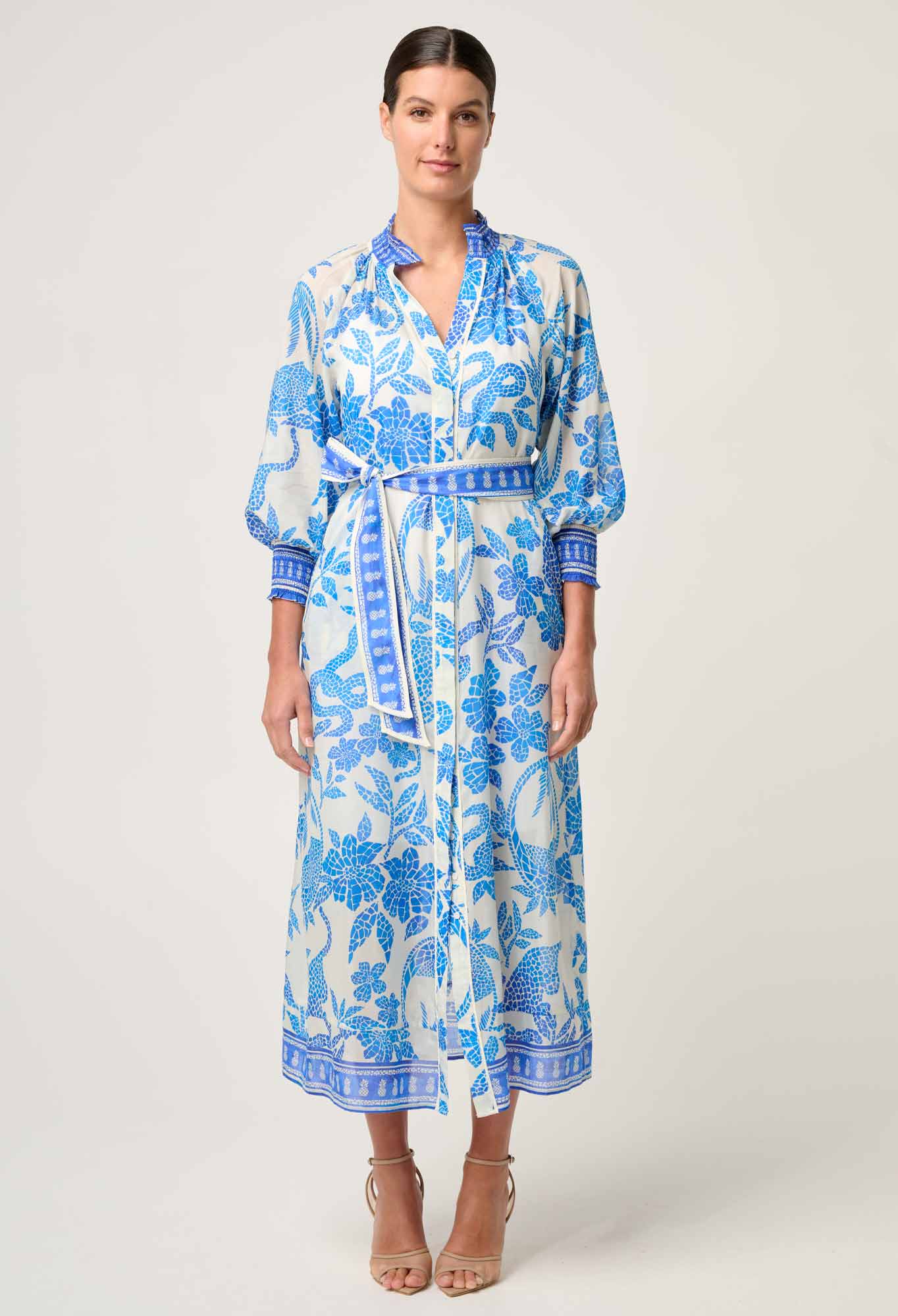 CARMEN SILK COTTON MAXI DRESS in exclusive print, Azure Mosaic from Once Was