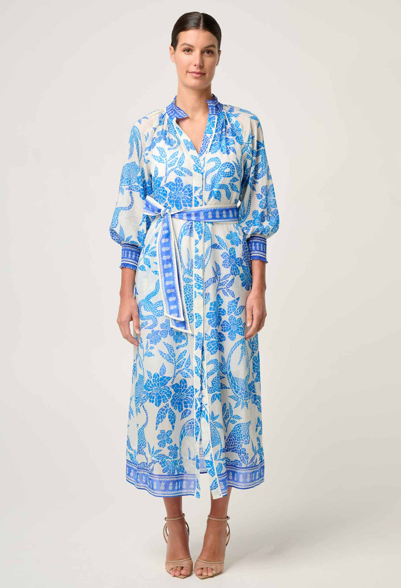 CARMEN SILK COTTON MAXI DRESS in exclusive print, Azure Mosaic from Once Was