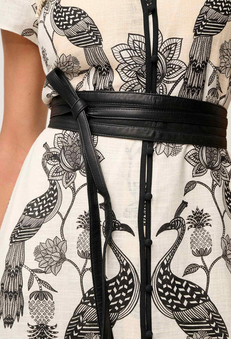XANTHIA DIAMOND SMOCK YOKE LINEN DRESS in exclusive print, Imperial Stone from Once Was