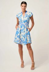 ADRIANA LINEN VISCOSE EMBROIDERED YOKE DRESS in Azure Mosaic from Once Wa