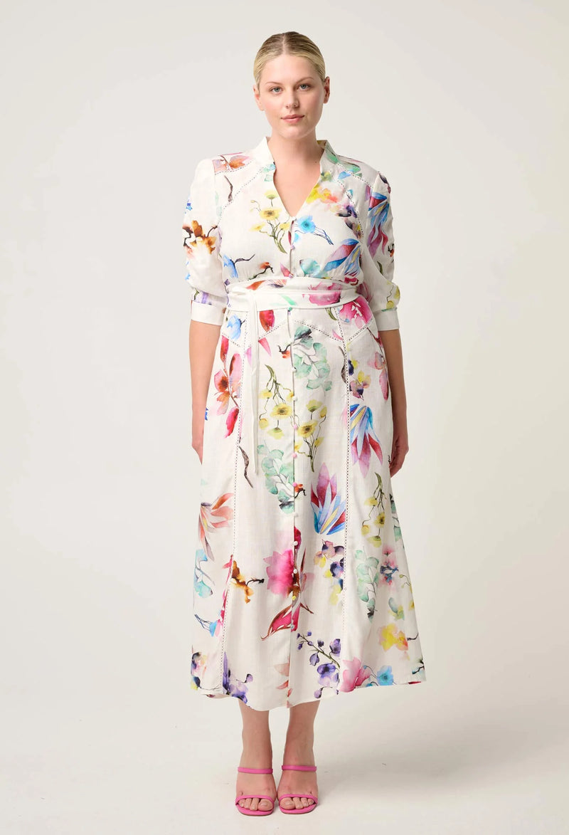 XENIA CONTRAST TRIM YOKE LINEN VISCOSE DRESS in Plume Blossom Print from Once Was