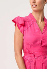ATHENA CUPRO VISCOSE TRIM FLUTTER SLEEVE DRESS in Celosia Pink from Once Was