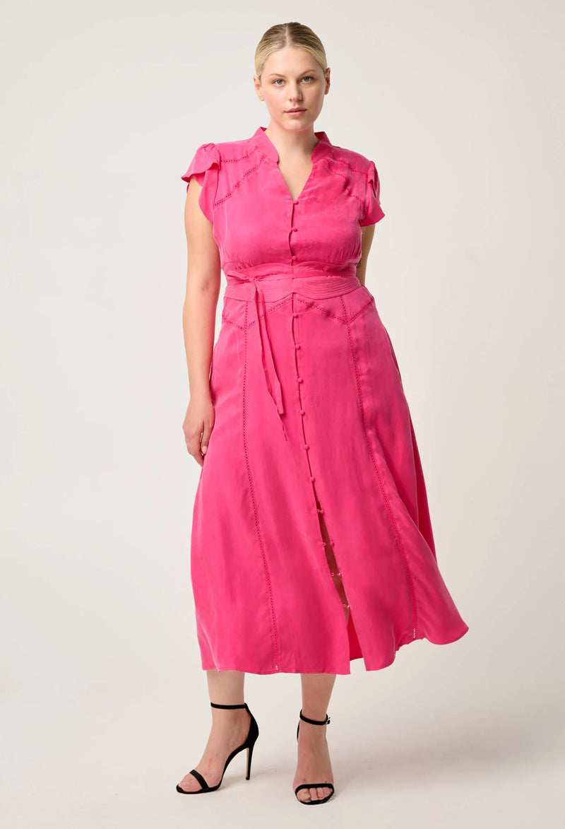 ATHENA CUPRO VISCOSE TRIM FLUTTER SLEEVE DRESS in Celosia Pink from Once Was