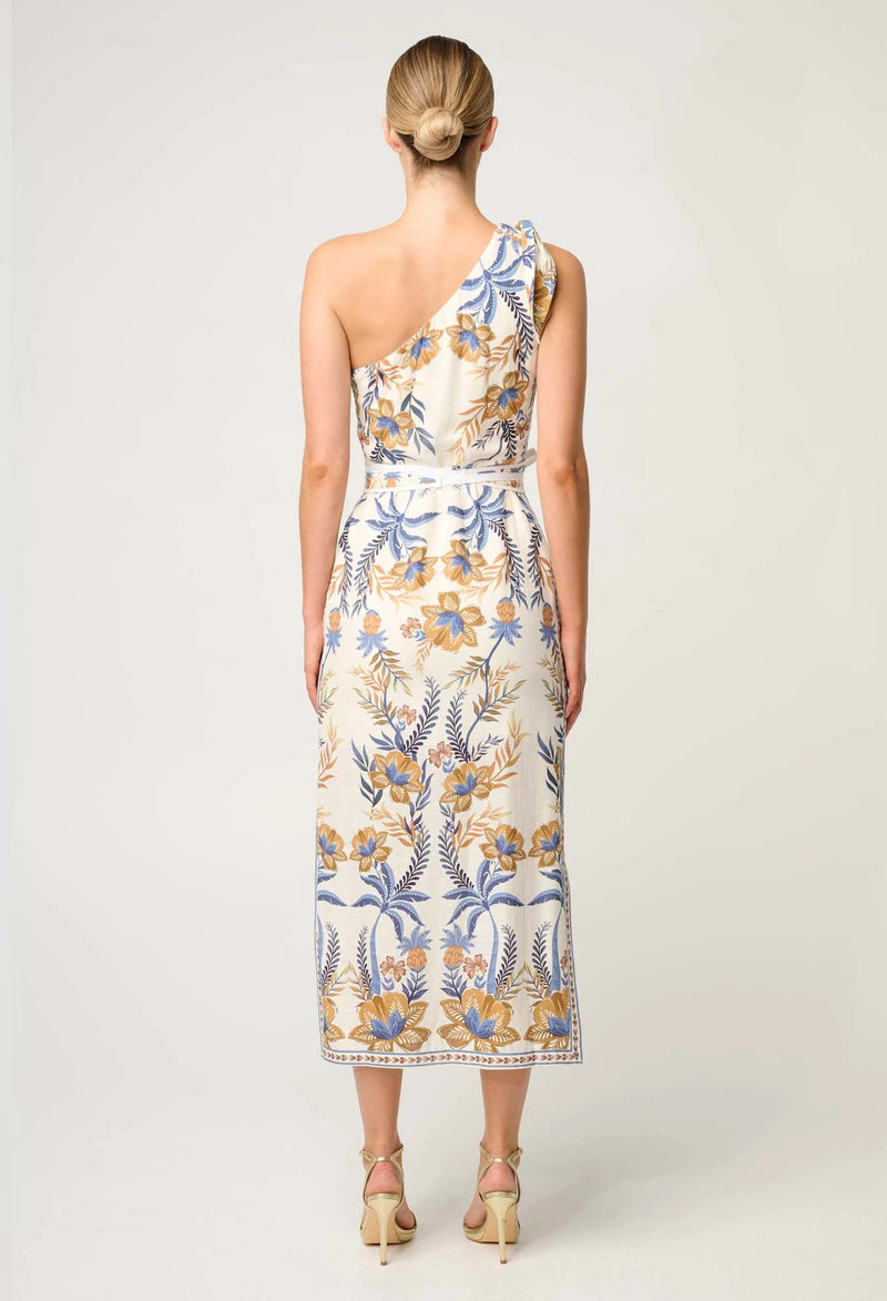 AMIRA ONE SHOULDER TIE LINEN VISCOSE DRESS in Golden Medina from Oncewas