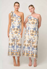 AMIRA ONE SHOULDER TIE LINEN VISCOSE DRESS in Golden Medina from Oncewas