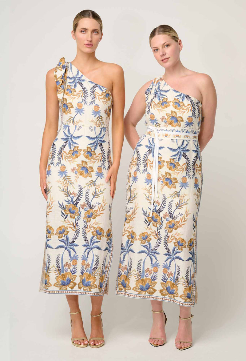 AMIRA ONE SHOULDER TIE LINEN VISCOSE DRESS in Golden Medina from Oncewas