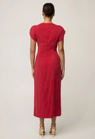 GENEVA STRETCH TWIST COLUMN MIDI DRESS in Dahlia Red from Oncewas