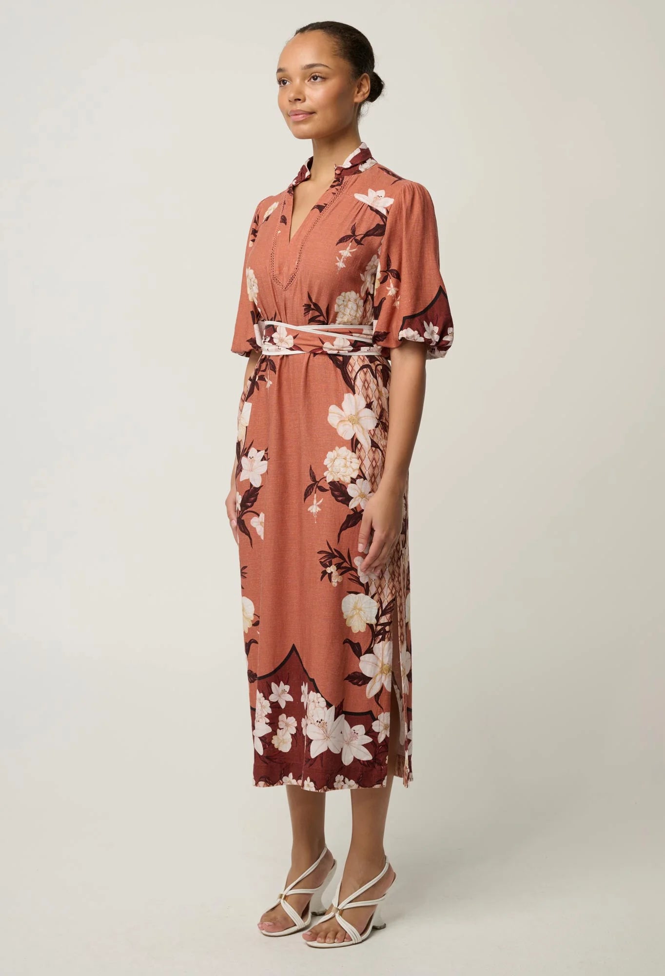GISELA LINEN VISCOSE PRINTED COLUMN MIDI DRESS in Amber Vine from Oncewas