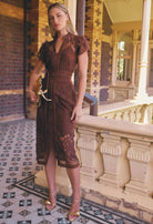 SOLENE COTTON BLEND PLACEMENT LACE DRESS in Rosewood from Oncewas