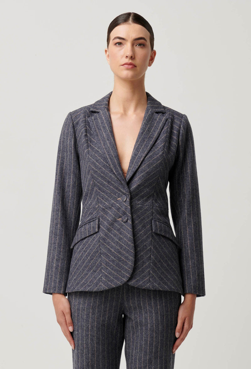 OAKLYN CHEVRON STRIPE PONTE BLAZER in Bluestone Stripe from Oncewas