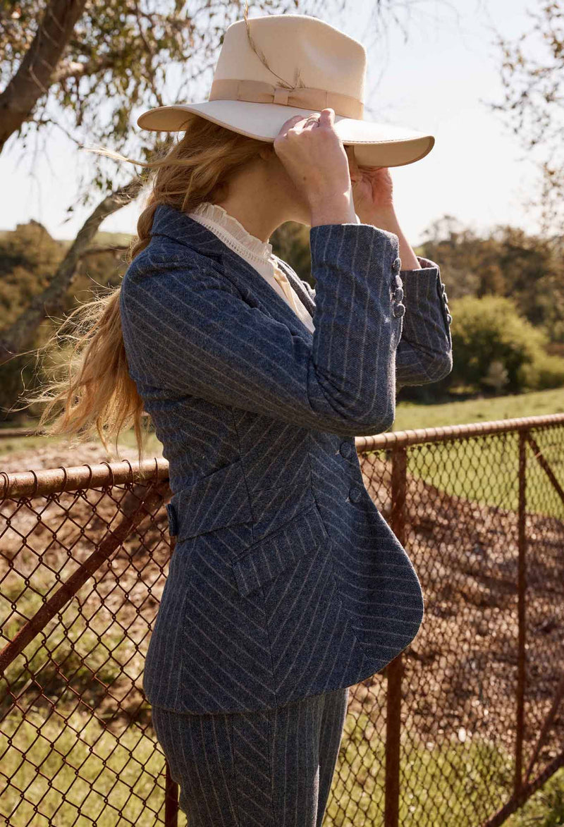 OAKLYN CHEVRON STRIPE PONTE BLAZER in Bluestone Stripe from Oncewas