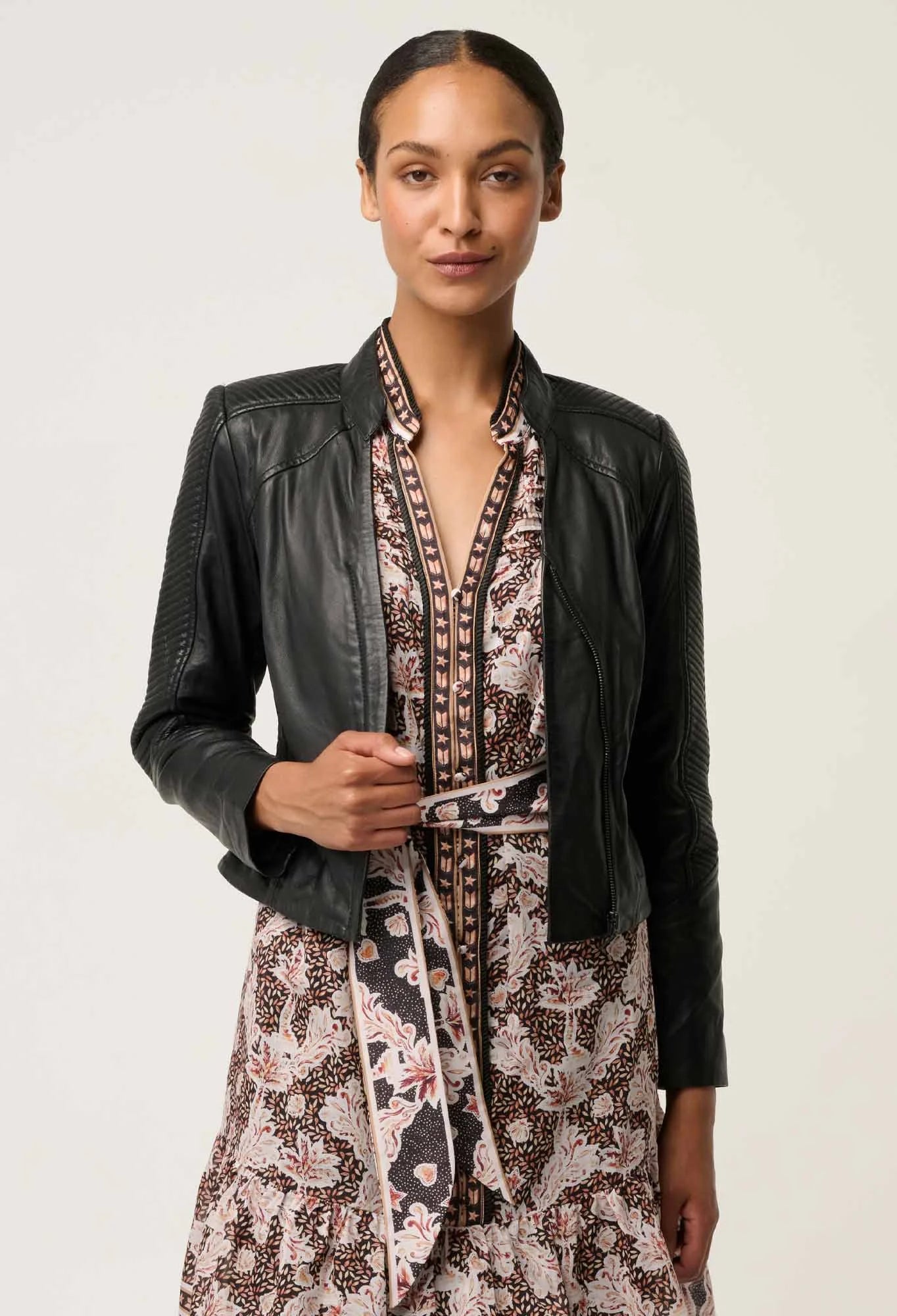 BLAIRE LEATHER HERRINGBONE STITCH JACKET in Black from Oncewas