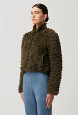 SYBIL CHEVRON FAUX FUR BOMBER in Moss from Oncewas