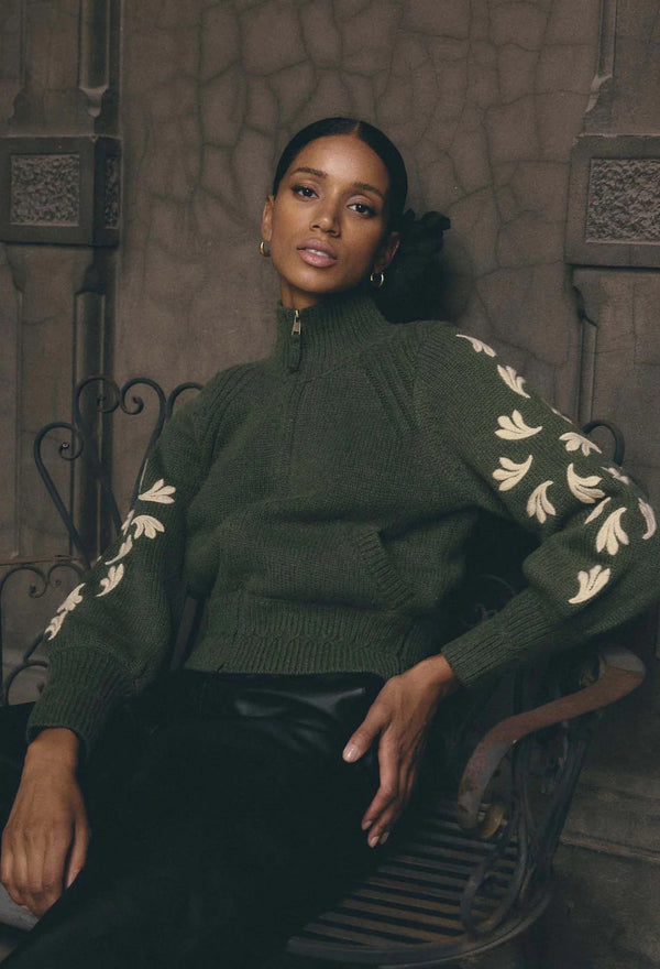 CARMELA EMBROIDERED KNITTED BOMBER | Olivia