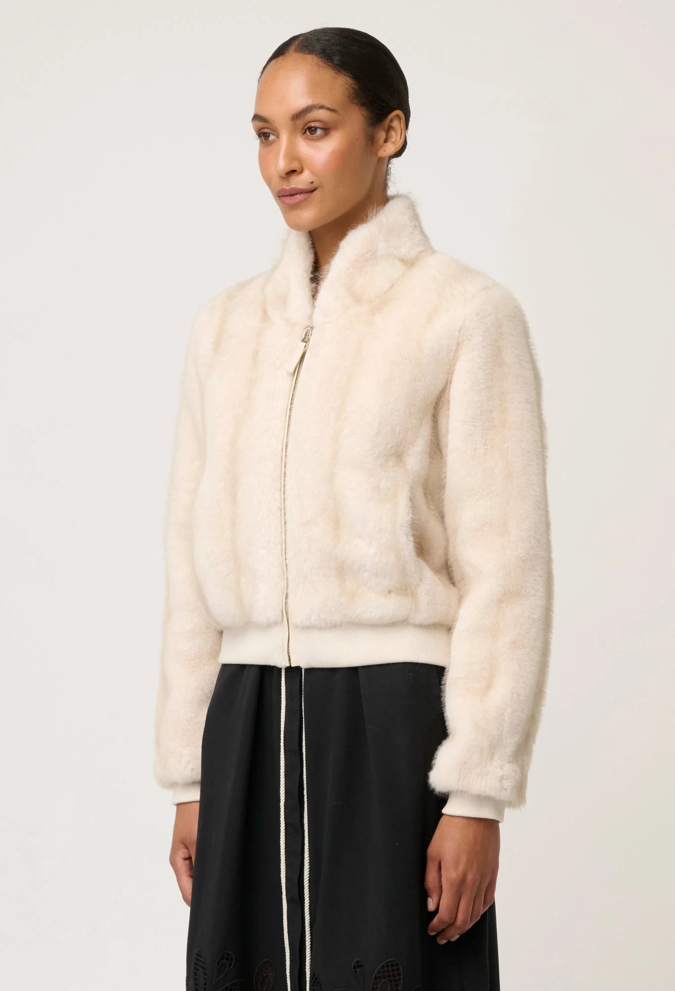 CHRYSTA FAUX FUR BOMBER in Porcelain from Oncewas