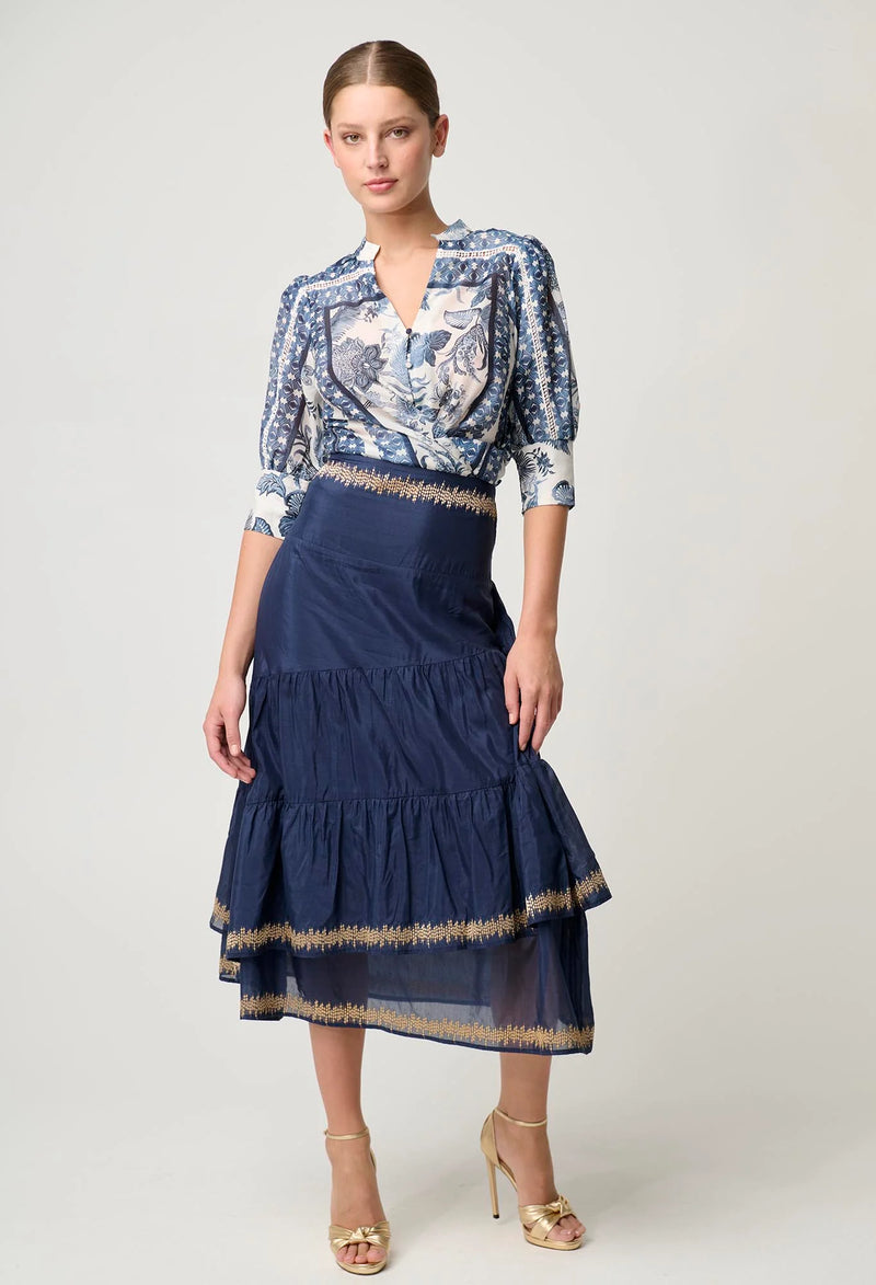 MUSTIQUE COTTON SILK EMBROIDERED SKIRT in Ink from Oncewas