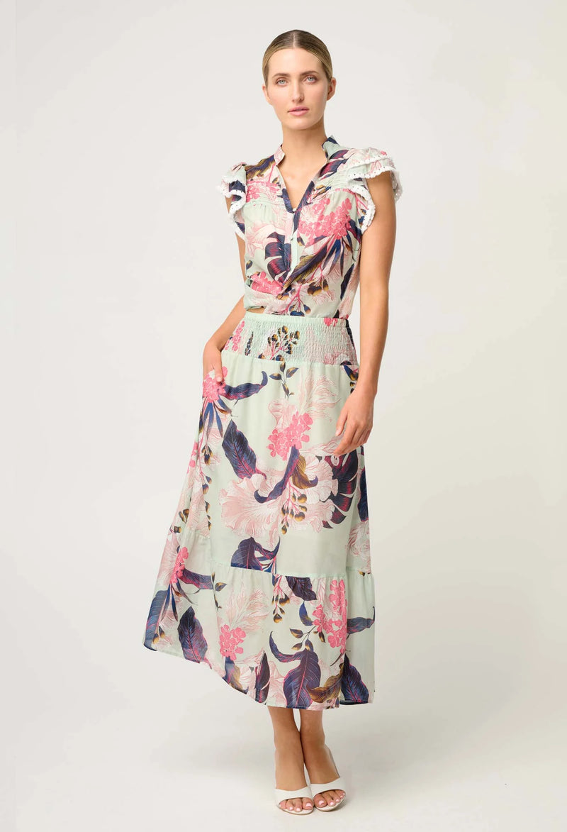 CORDELIA SHIRRED SILK COTTON SKIRT in Oasis Flora from Oncewas