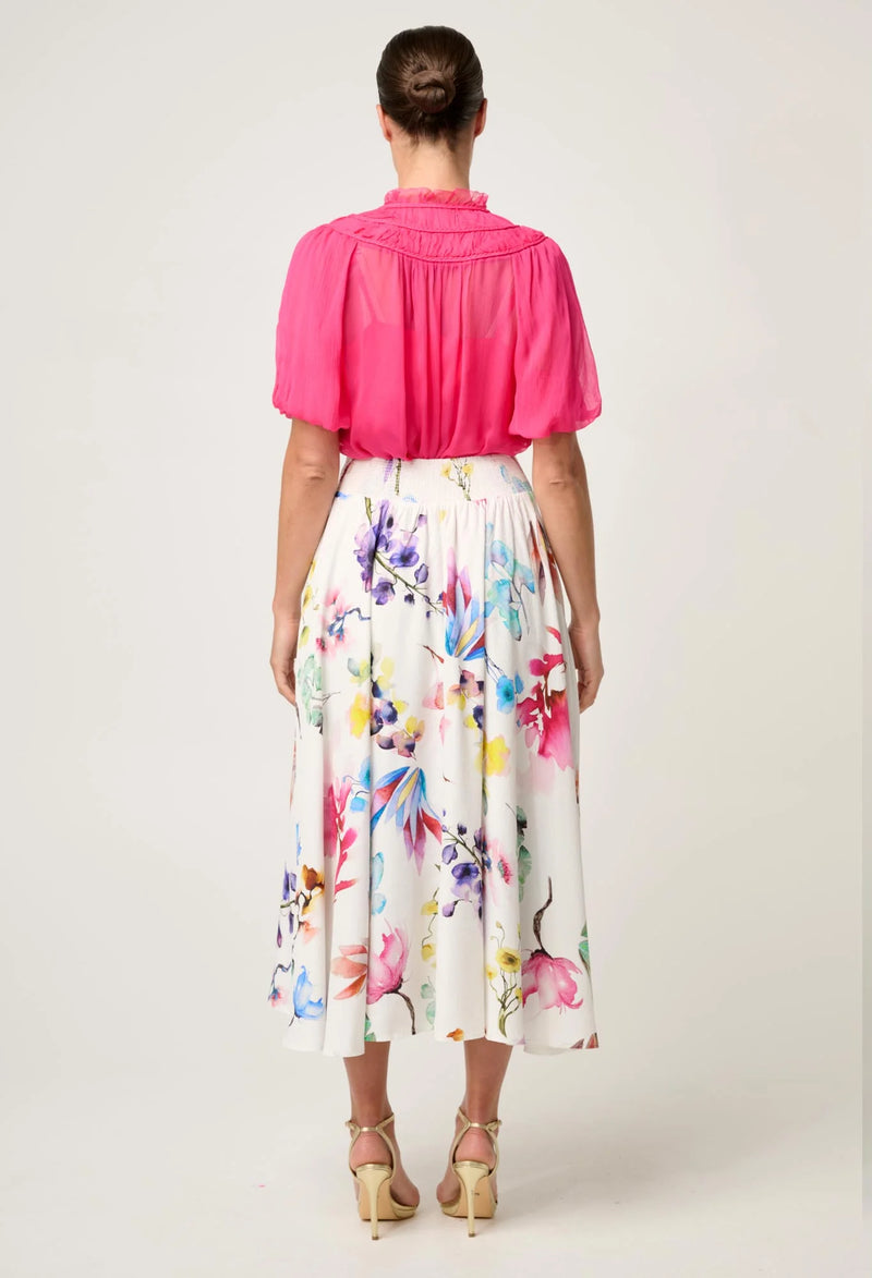 PANDOREA VISCOSE DOBBY STITCH DETAIL YOKE SKIRT in exclusive print, Plume Blossom from Once Was