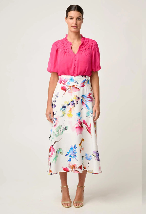 PANDOREA VISCOSE DOBBY STITCH DETAIL YOKE SKIRT in exclusive print, Plume Blossom from Once Was