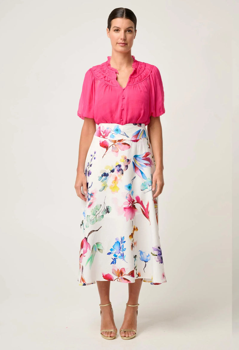 PANDOREA VISCOSE DOBBY STITCH DETAIL YOKE SKIRT in exclusive print, Plume Blossom from Once Was