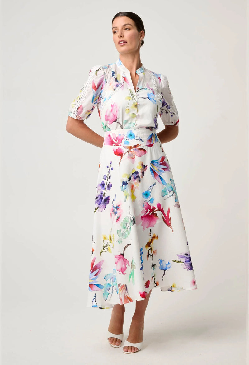 PANDOREA VISCOSE DOBBY STITCH DETAIL YOKE SKIRT in exclusive print, Plume Blossom from Once Was