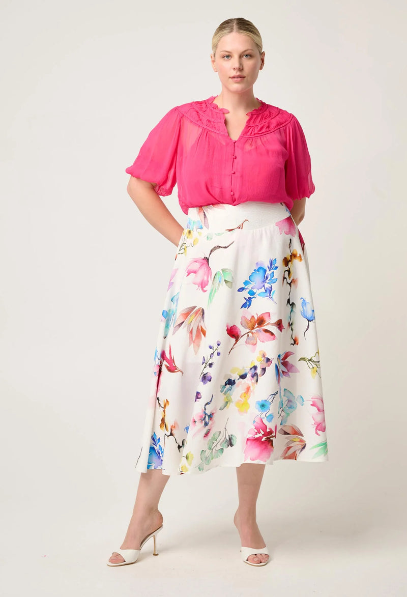 PANDOREA VISCOSE DOBBY STITCH DETAIL YOKE SKIRT in exclusive print, Plume Blossom from Once Was