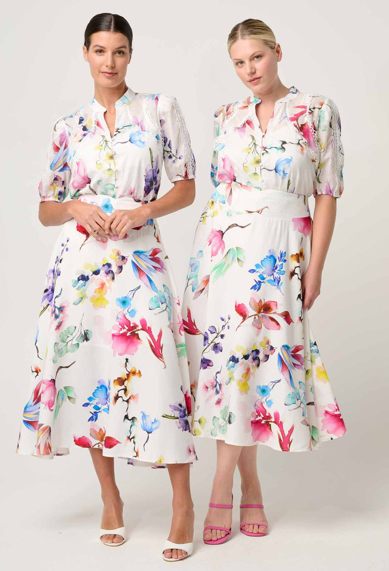 PANDOREA VISCOSE DOBBY STITCH DETAIL YOKE SKIRT in exclusive print, Plume Blossom from Once Was
