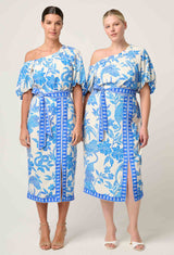 ZENOBIA CONTRAST TRIM VISCOSE DOBBY MIDI SKIRT in exclusive print, Azure Mosaic from Once Was
