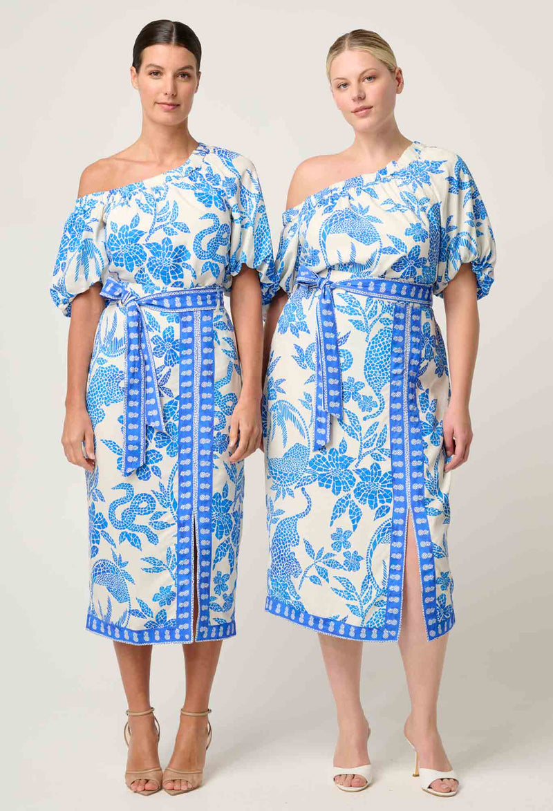 ZENOBIA CONTRAST TRIM VISCOSE DOBBY MIDI SKIRT in exclusive print, Azure Mosaic from Once Was